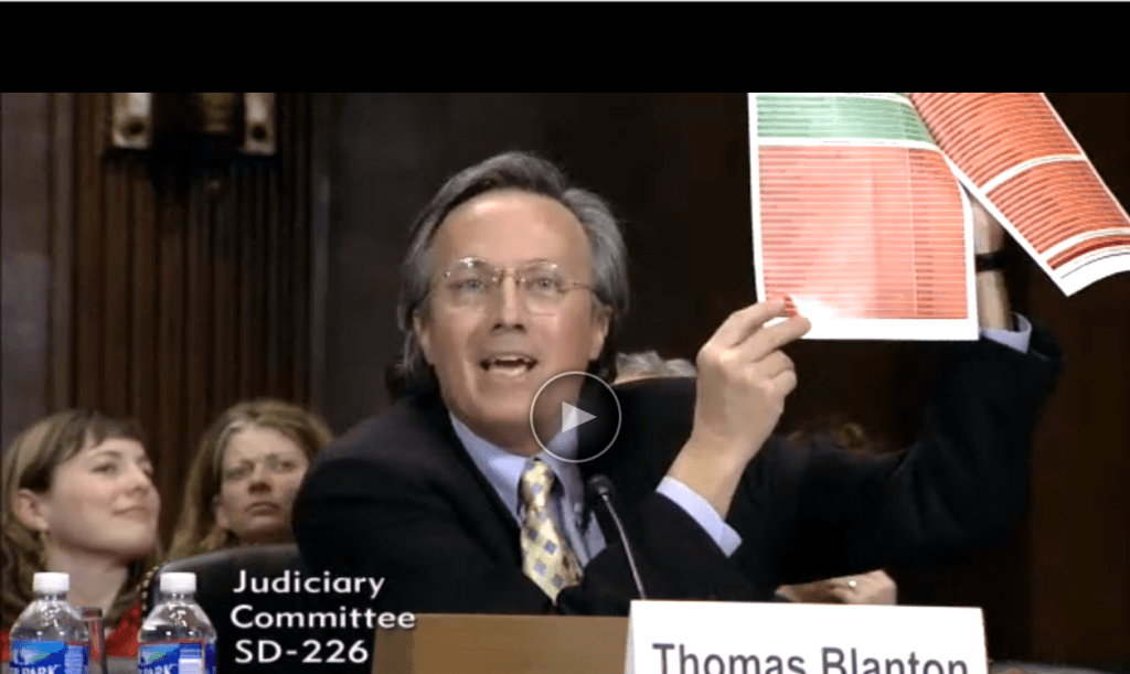 Archive Director Tom Blanton shows the Senate Judiciary Committee just how outdated many agency FOIA regs are during his testimony.