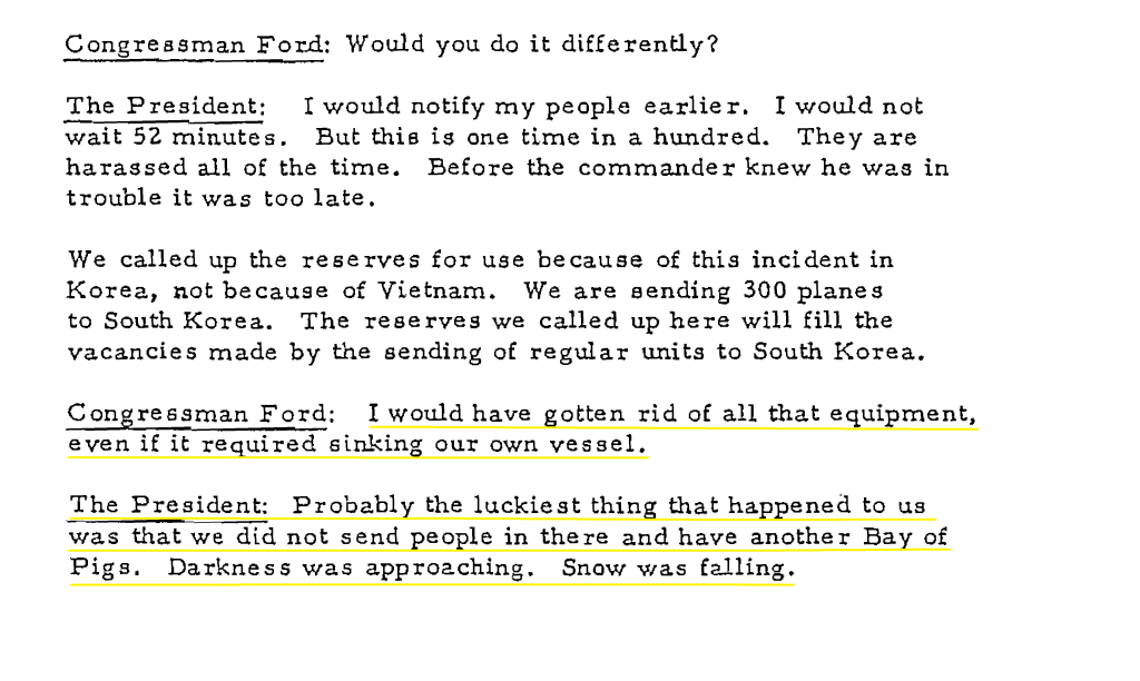 An excerpt from the conversation between President Johnson and Gerald Ford regarding the Pueblo. 