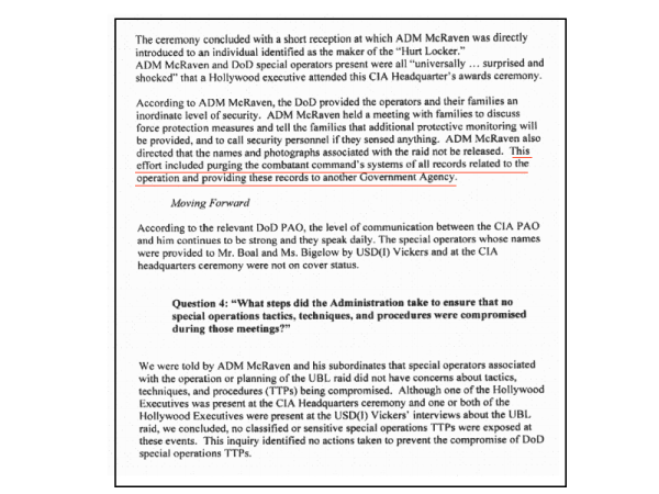 The draft IG report obtained by the Project on Government Oversight. The highlighted text - later expunged from the final report - reads, "This effort included purging the combatant command's system of all records related to the operation and providing these records to another Government Agency."