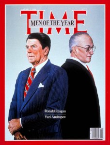 President Reagan and General Secretary Andropov were named "men of the year" in 1983 by the Time Magazine. The Central Intelligence Agency also included an image of this cover in its history of the 1983 War Scare - the reason behind the Queen's impassioned speech. (Original cover © Time, Inc.)