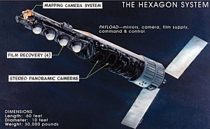 The HEXAGON spy satellite, in active use from 1971 to 1984, and often referred to as "Big Bird," was the size of a school bus, and carried 60 miles of high-resolution photographic film. (Source: NRO & National Museum of the USAF)