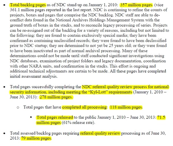 From the August report. The "NDC referral quality review process for national security information, including meeting the 'Kyl-Lott' requirements" does not mean "reviewed for declassification"
