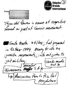 A March 2000 Chiquita memo says that illegal payments were "for info on guerrilla movements."