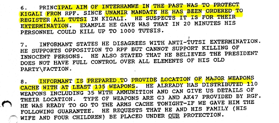 the informant tells Dallaire about a weapons cache and plans for extermination of Tutsis.