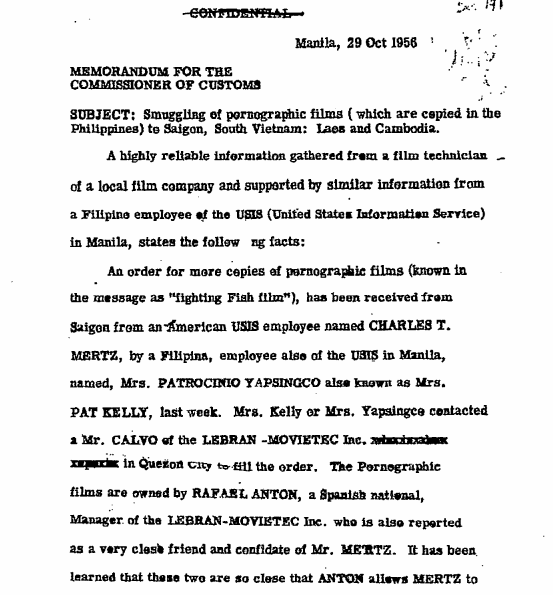 A Confidential October 26, 1956, memorandum for the Customs commissioner on the smuggling of pornographic films, referred to as “fighting Fish films,” into Saigon (page 115) - just one of the documents in the new #Lansdale2013 release.
