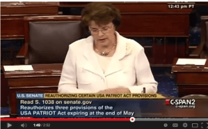 Senator Feinstein's remarks begin at the 1'43 mark of the ProPublica video "Has the Gov't Lied on Snooping? Let's go to the Videotape."