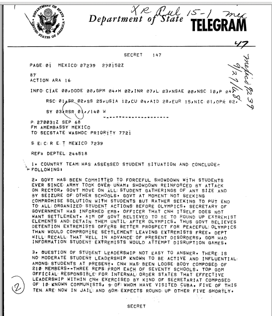 A September 27, 1968, secret State Department telegram 