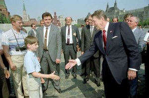 Reagan and, according to past and present White House photographer  Pete Souza, Vladimir Putin in Red Square; 1988.
