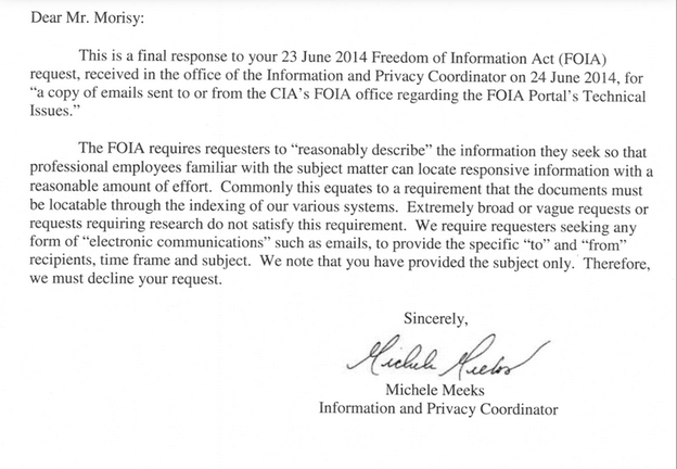 The CIAs response to MuckRocks FOIA request. 