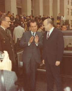Some of the key players in the Nixon administration debate on the Israeli nuclear program standing outside the Pentagon on 14 June 1969, for Flag Day ceremonies. Shown from left to right are JCS Chairman Earle Wheeler, President Richard Nixon, and Secretary of Defense Melvin Laird. National security adviser Henry Kissinger can be seen further to the right. (Photo source: National Archives, Still Pictures Division, RG 342B, box 1156)