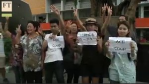 Still from Financial Times footage of Thammasat students protesting the coup and cancellation of commemorative events for the anniversary of the October 6, 1976 student massacre.