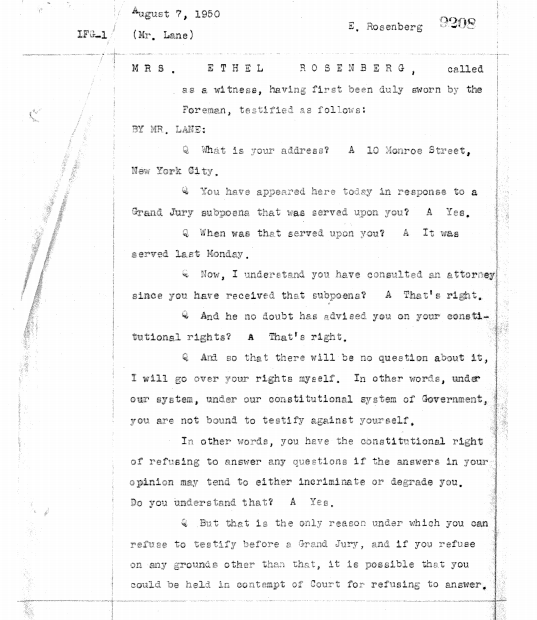 Page from Ethel Rosenbergs August 7, 1950, testimony.