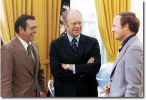 Chief of Staff Donald Rumsfeld, President Gerald Ford and Deputy Chief of Staff Richard Cheney April 28, 1975.
