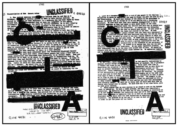 Images of Document 2, a report of discussion in Geneva, Switzerland, on November 8, 1986, prepared by former CIA Iran expert George Cave (“Sam”).  For mention of Mehdi Hashemi, see bottom of p. 1.
