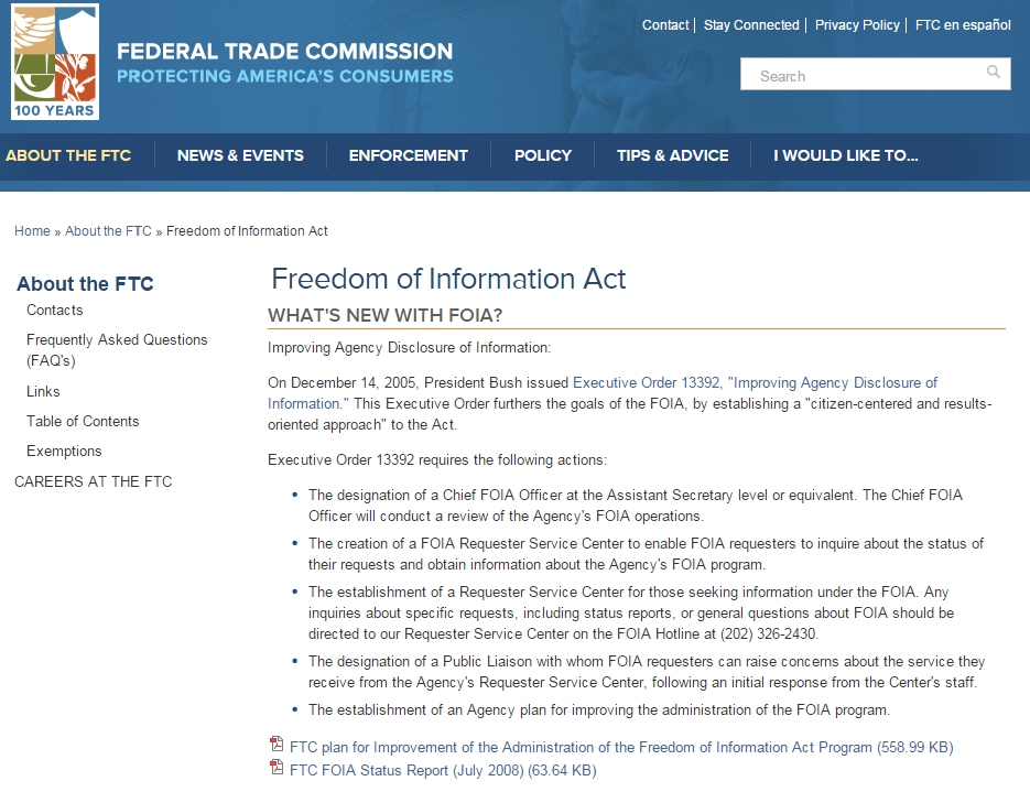 According to Toby McIntosh at Freedominfo.org one agency encouraging Rockefeller to obstruct the FOIA bill is the Federal Trade Commission.  The "What's New" section of the FTC's FOIA page lists a 2005 George W. Bush Executive Order.  Perhaps the FTC is not the best agency to consult on FOIA issues. 