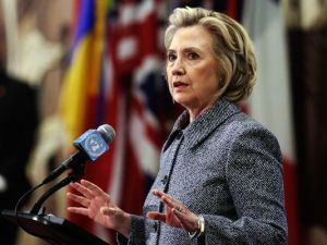 Hillary Clinton takes questions at a press conference. Photo credit: Richard Drew, AP.