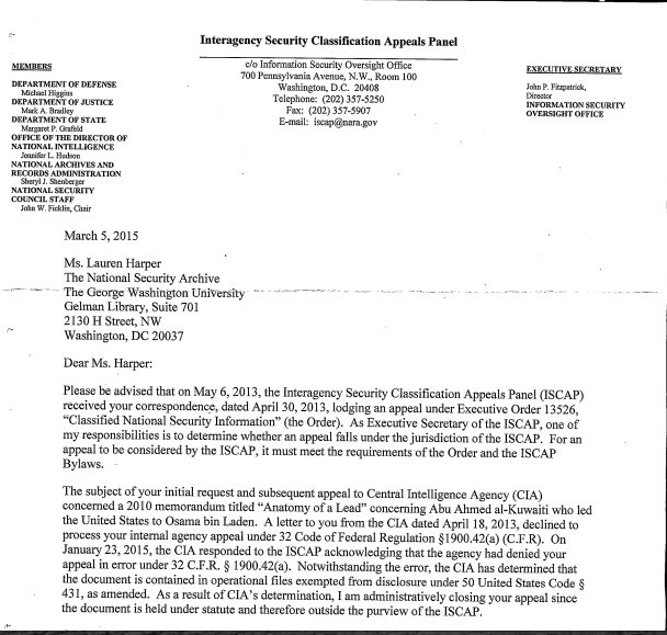 "I am administratively closing your appeal since the document is held under statute and therefore outside the purview of the ISCAP."