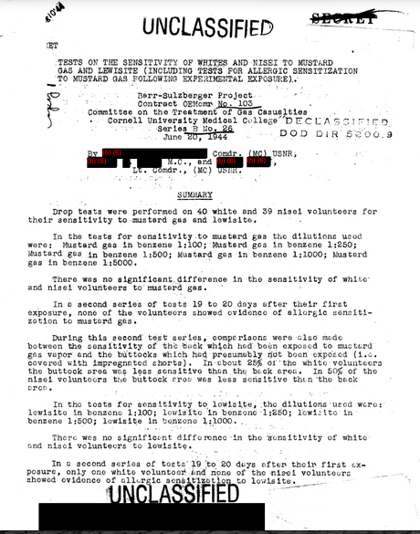 “Tests on the Sensitivity of Whites and NISEI to Mustard Gas and Lewisite (Including Tests for Allergic Sensitization to Mustard Gas Following Experimental Exposure).”