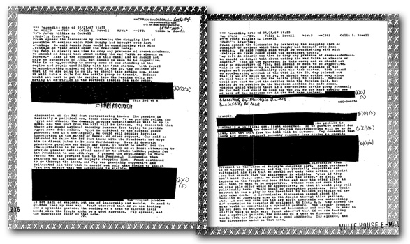 Two versions of the same page of White House e-mail, addressed to then deputy national security adviser Colin Powell. The reviewer classified the deletions each time at the Secret level, meaning he believed their release would cause "serious damage" to U.S. national security.