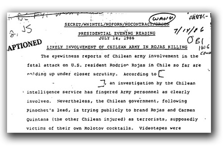 Intelligence report to President Ronald Reagan on the murder of Rodrigo Rojas.