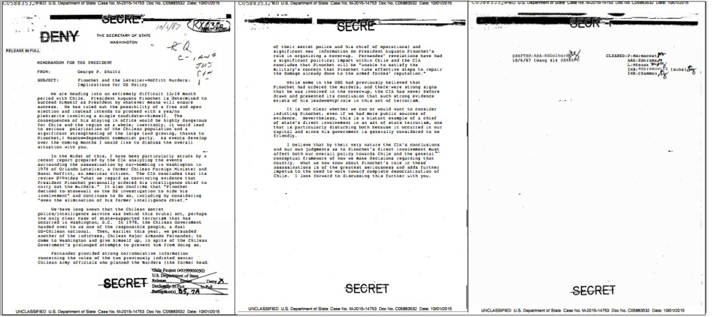 “Pinochet and the Letelier-Moffitt Murders: Implications for US Policy,” SECRET, Memorandum for the President, October 6, 1987.