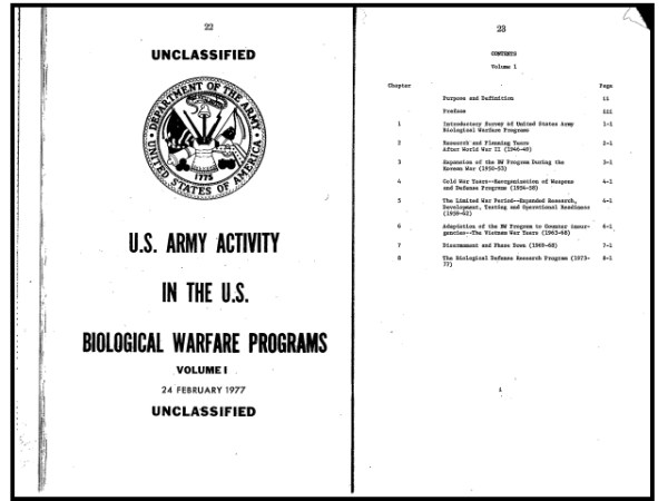 U.S. Army Activity in the U.S. Biological Warfare Programs (Volumes I and II), U.S. Department of the Army, February 24, 1977.