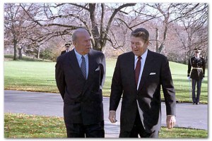 President Reagan walking with Secretary of State George Shultz outside the oval office, December 4, 1986. Photo courtesy of the Ronald Reagan Presidential Library, Photograph no. C38208-20.