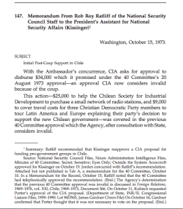 October 15, 1973 memo on CIA support for Christian democrats - see page 400 in latest FRUS. 