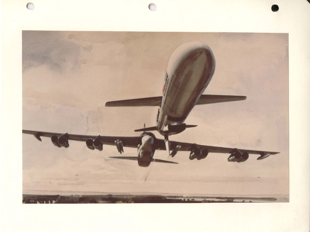 Undated painting depicts an “artist's conception of an AGM-86 air launched cruise missile released from a B-52G, in the background in flight." (NARA, Still Pictures Unit, RG 342B, box 965).