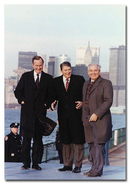 (L to R) Vice President George H. W. Bush, President Ronald Reagan and President Mikhail Gorbachev during the Governor’s Island summit, December 1988. (Credit: Ronald Reagan Presidential Library)