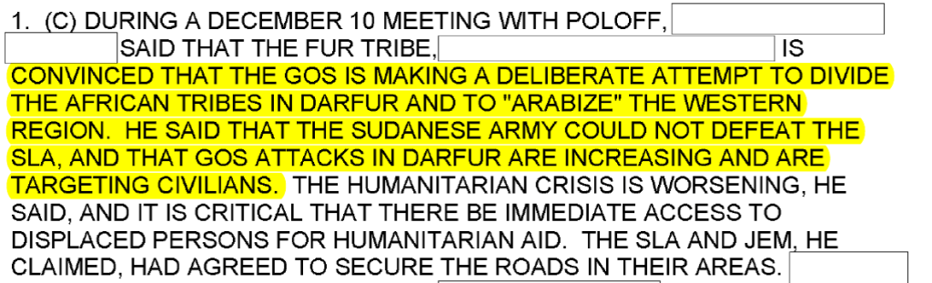 Excerpt from December 11, 2003 cable warning of "Arabization" of Darfur.