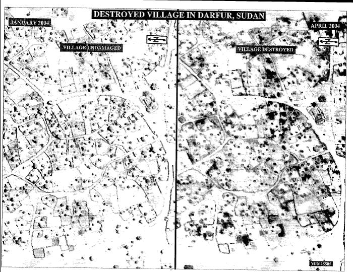 Satellite imagery of a village in Darfur before and after attacks between January and April 2004.