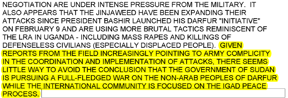 Excerpt from March 6, 2004 cable illustrating the Government of Sudan’s complicity in Darfur attacks.