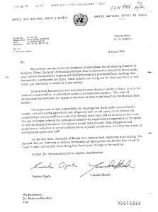 A June 15, 1995 letter from UN officials reprimands the actions of Karadžić’s forces interfering with the distribution of humanitarian aid.]