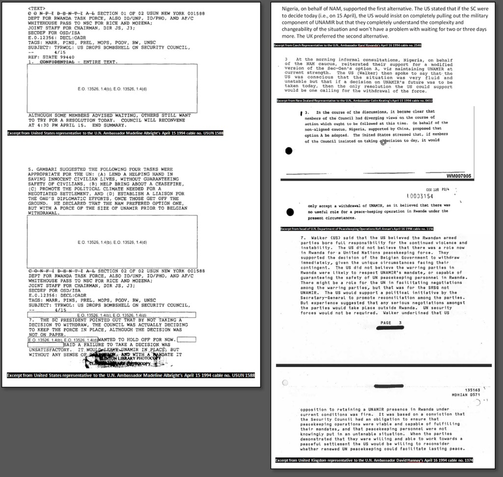 Left: Redacted State Department "Bombshell" document, Right: Excerpts from cables reporting on the "bombshell" from the Czech Republic, New Zealand, United Kingdom, and the United Nations' Kofi Annan.