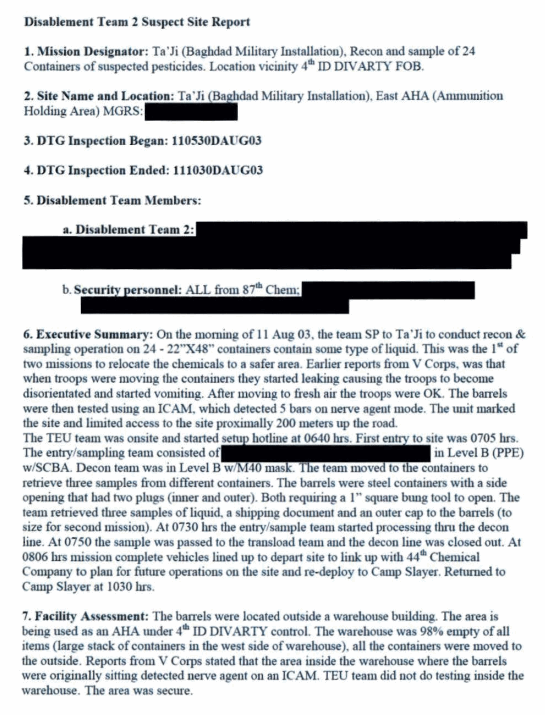 The two-page 2003 Camp Taji Incident report -- released a dozen years after the dangerous exposure.