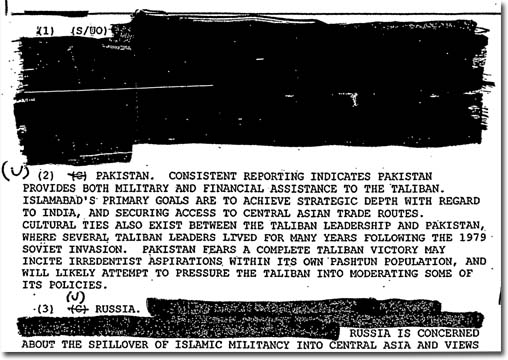 Unnamed and undated, this U.S. intelligence document confirms that Pakistan is providing the Taliban with both financial and military assistance.