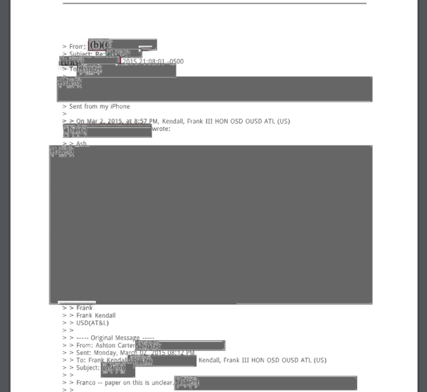 Heavily-redacted emails sent from Secretary Carter's personal email. 