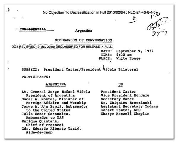 First page from the Confidential September 9, 1977 White House document, "President Carter/President Videla Bilateral"