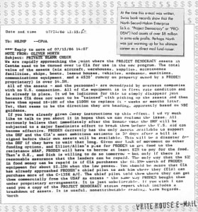 Email from Oliver North preserved after National Security Archive lawsuit demonstrating arms-sale profits hidden in a fund called "Project Democracy."