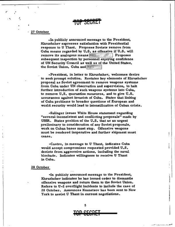 When the Defense Department released document 2 in September 2013 it withheld the references to Turkey from the section concerning Nikita Khrushchev's public message to President Kennedy on 27 October 1962 suggesting a trade of U.S. missiles in Turkey for the Soviet missiles in Cuba. In its 2009 appeal letter to the Defense Department the Archive pointed out that Khrushchev message's was in the public record, but the Pentagon maintained the deletions.