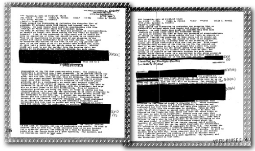 Two versions of the same page of White House e-mail, addressed to then deputy national security adviser Colin Powell. The reviewer classified the deletions each time at the Secret level, meaning he believed their release would cause "serious damage" to U.S. national security.