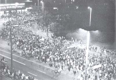 East German demonstrators take to the streets in Leipzig, October 9, 1989.
